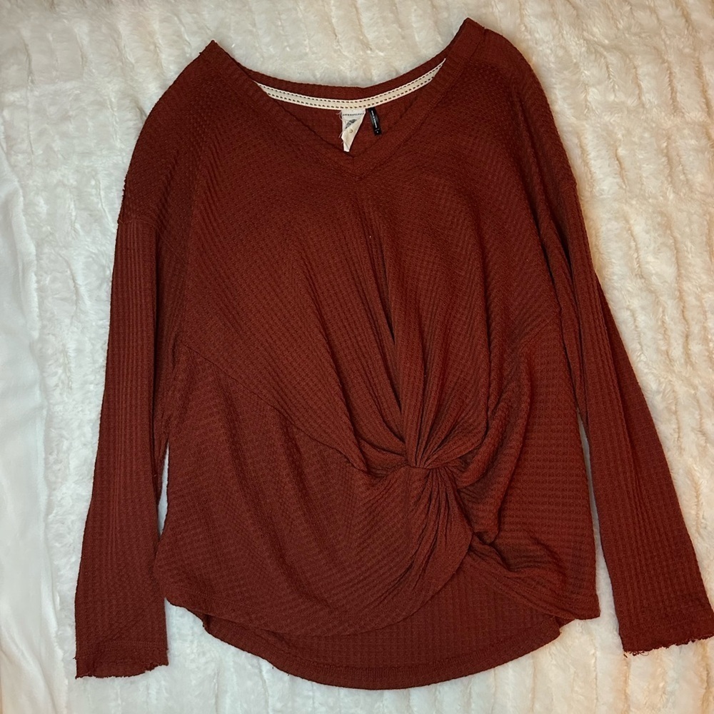 Anthropologie Akemi + Kin Rust Knotted Thermal Waffle Knit V-Neck Top Size S - Picture 5 of 8